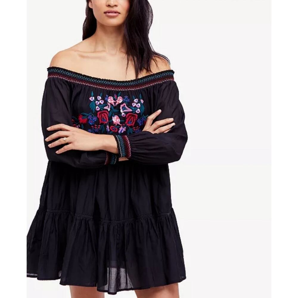 Free People Sun Beams Embroidered Off-The-Shoulder Mini Dress size Large